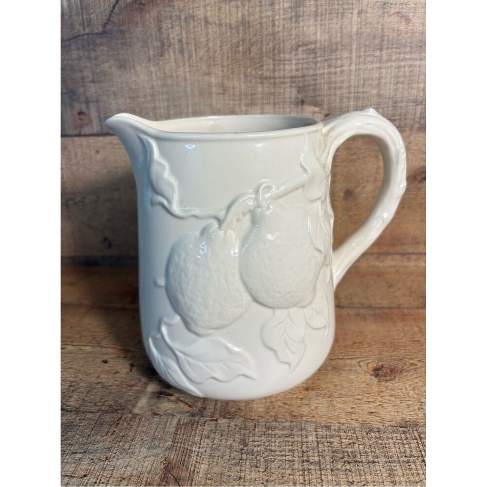 Peppertree Tabletops Pitcher Ivory Ceramic Pottery Embossed Fruit Design 6-3/4"